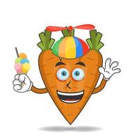 Carrot mascot character with ice cream and colorful hat. vector illustration
