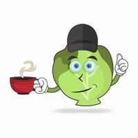 Cabbage mascot character holding a hot cup of coffee. vector illustration