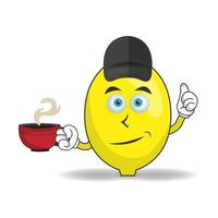 Lemon mascot character holding a hot cup of coffee. vector illustration