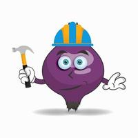 The Purple onion mascot character becomes a builder. vector illustration