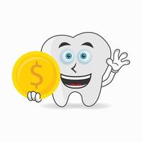 Tooth mascot character holding coins. vector illustration