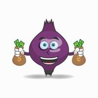 Purple onion mascot character holding money. vector illustration