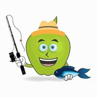 el personaje de la mascota de la manzana está pescando. ilustración vectorial vector