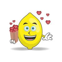 personaje de mascota de limón sosteniendo un icono de amor. ilustración vectorial vector