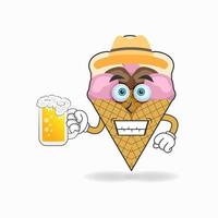 The Ice Cream mascot character is holding a glass filled with a drink. vector illustration