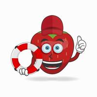 The Strawberry mascot character becomes a lifeguard. vector illustration