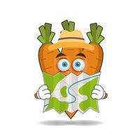 The Carrot mascot character holds a map. vector illustration