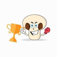 The mushrooms mascot character wins a boxing trophy. vector illustration
