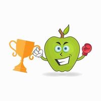 The Apple mascot character wins a boxing trophy. vector illustration