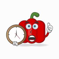 Red paprika mascot character holding a wall clock. vector illustration