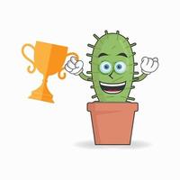 Personaje de mascota de cactus con un trofeo en la mano derecha. ilustración vectorial vector