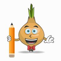 Onion mascot character holding a pencil. vector illustration