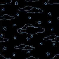 ilustración vectorial de diseño de estrellas y nubes del cielo con arte lineal. textura azul. fondo negro. diseños de patrones sin fisuras para papel tapiz, telón de fondo, portada, corte de papel e impresión en tela. vector