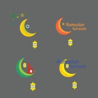 4 designs Flat illustration of Ramadan Kareem with moon, stars and lanterns. beautiful greeting card. modern vector