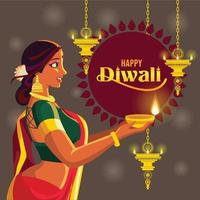 Beautiful lady holding Diwali lamp in a golden hanging lamp background vector