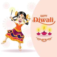 Excited girl with cracker and lamp celebrating Diwali vector