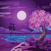 Fantasy romantic pink night scene landscape with moon, tree and lake vector