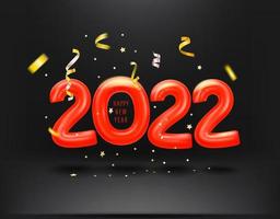 Happy New 2022 Year banner. Red air ballons in dark interior vector
