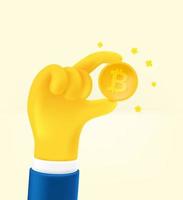 Man holding bitcoin in a hand. Cute cartoon 3d style vector illustration