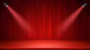 Bright stage with red curtains and spotlights. 3D style realistic vector illustration