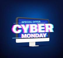 Banner de Cyber Monday con monitor de computadora moderno. efecto de falla vector