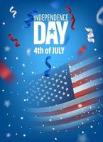 Bandera vertical del día de la independencia de Estados Unidos con bandera y confeti. Cuatro de Julio vector
