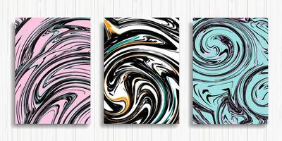 Black blue pink abstract liquid background. Acrylic fluid art. Vector marble texture. Modern cover design set. Abstract marble pattern. Line art poster. Wave effect