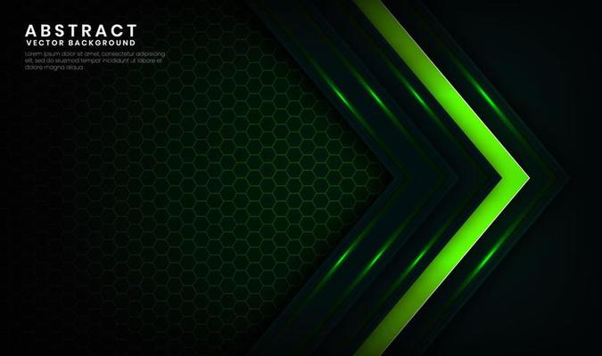 Abstract 3D green technology background overlap layers on dark space with light arrows effect decoration. Modern template element future style concept for flyer, card, cover, brochure, or landing page
