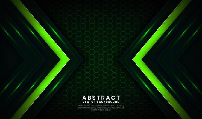 Abstract 3D green technology background overlap layers on dark space with light arrows effect decoration. Modern template element future style concept for flyer, card, cover, brochure, or landing page