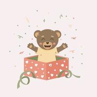 Teddy bear inside a box, surprise gift. Vector illustration