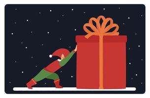 little christmas elf pushing a gift box vector