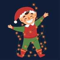 cute Christmas elf swinging on a garland vector
