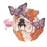 Hand drawn bulldog with butterflies Vector. Isolated objects for your design. Each object can be changed and moved. vector