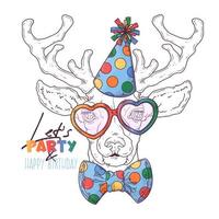 Hand drawn deer clown portrait with accessories Vector. Isolated objects for your design. Each object can be changed and moved. vector