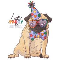 Hand drawn pug dog clown portrait with accessories Vector. Isolated objects for your design. Each object can be changed and moved. vector