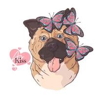 perro akita dibujado a mano con vector de mariposas. objetos aislados para su diseño. cada objeto se puede cambiar y mover.