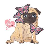 perro pug dibujado a mano con vector de mariposa. objetos aislados para su diseño. cada objeto se puede cambiar y mover.