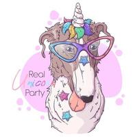 perro borzoi dibujado a mano con vector de cuerno de unicornio. objetos aislados para su diseño. cada objeto se puede cambiar y mover.