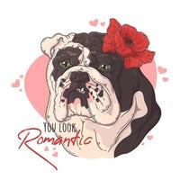 bulldog dibujado a mano con vector de flores. objetos aislados para su diseño. cada objeto se puede cambiar y mover.