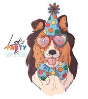 Hand drawn collie clown dog portrait with accessories Vector. Isolated objects for your design. Each object can be changed and moved.