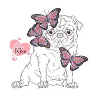 Hand drawn pug dog with butterfly Vector. Isolated objects for your design. Each object can be changed and moved. vector