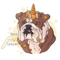 Hand drawn bulldog with unicorn horn Vector. Isolated objects for your design. Each object can be changed and moved. vector