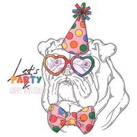 Hand drawn bulldog clown with accessories Vector. Isolated objects for your design. Each object can be changed and moved. vector