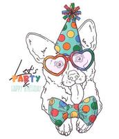 Hand drawn corgi dog clown portrait with accessories Vector. Isolated objects for your design. Each object can be changed and moved. vector