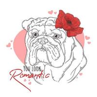 Hand drawn bulldog with flowers Vector. Isolated objects for your design. Each object can be changed and moved. vector