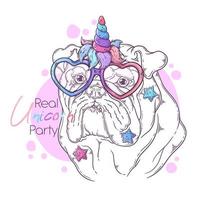 Hand drawn bulldog with unicorn horn Vector. Isolated objects for your design. Each object can be changed and moved. vector