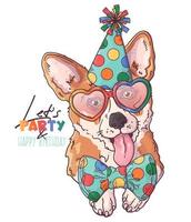 Hand drawn corgi dog clown portrait with accessories Vector. Isolated objects for your design. Each object can be changed and moved.