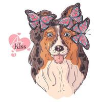 Retrato de perro collie dibujado a mano con vector de mariposas. objetos aislados para su diseño. cada objeto se puede cambiar y mover.