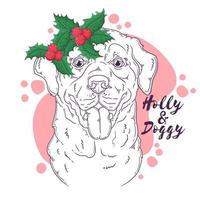 Hand drawn dog portrait with Christmas accessories Vector