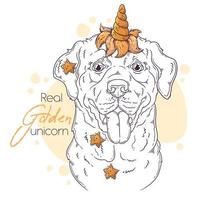 Hand drawn Labrador Retriever dog with unicorn horn Vector. Isolated objects for your design. Each object can be changed and moved. vector